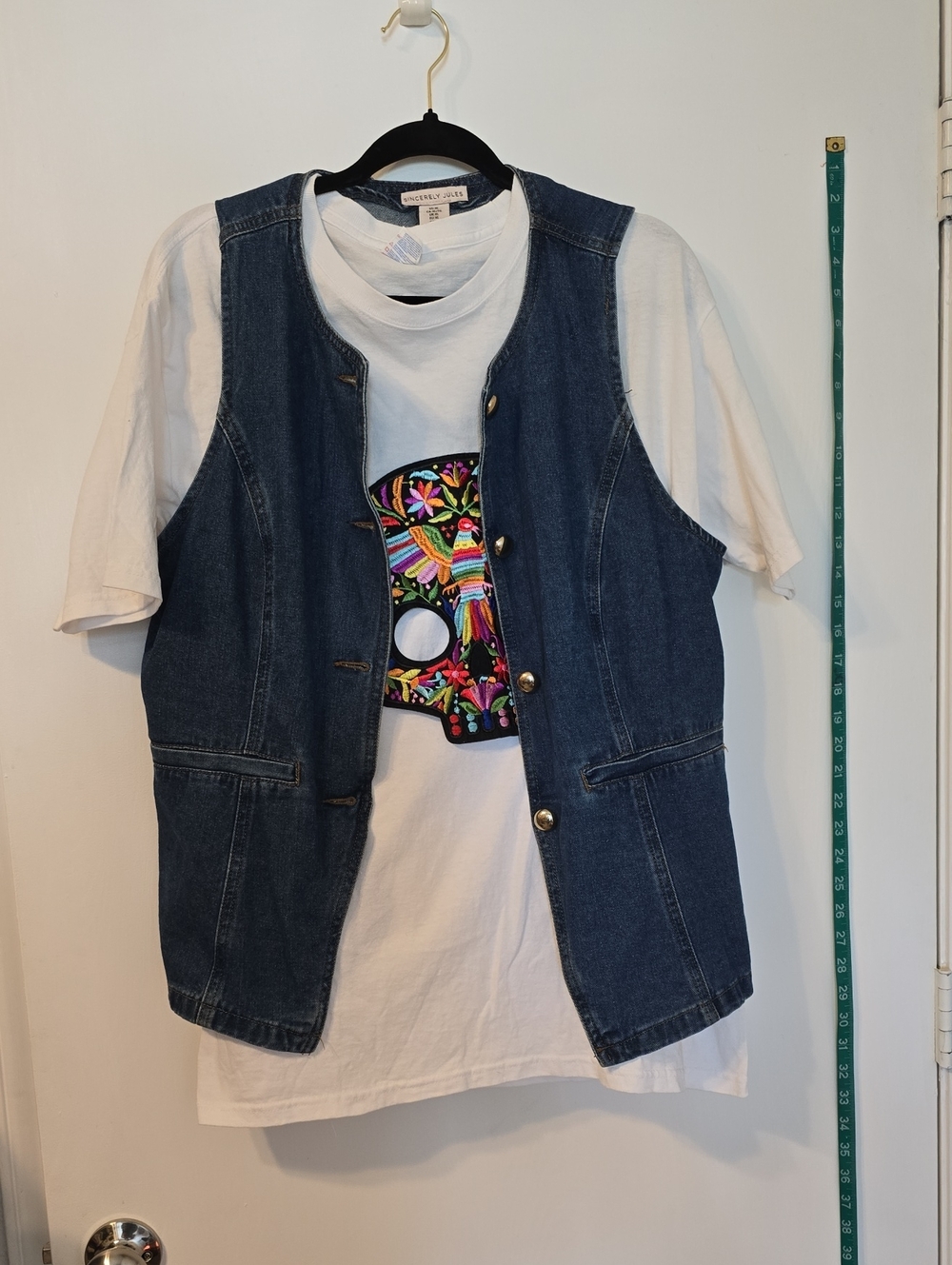 Sincerely Jules Blue Denim Vest Over White Tee with Multicolor Embroidered Patch